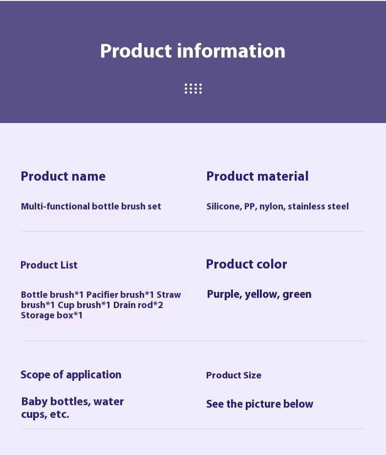 "Product information sheet for a multi-functional bottle brush set. Materials: silicone, PP, nylon, stainless steel. Includes various brushes and a storage box. Colors: purple, yellow, green."