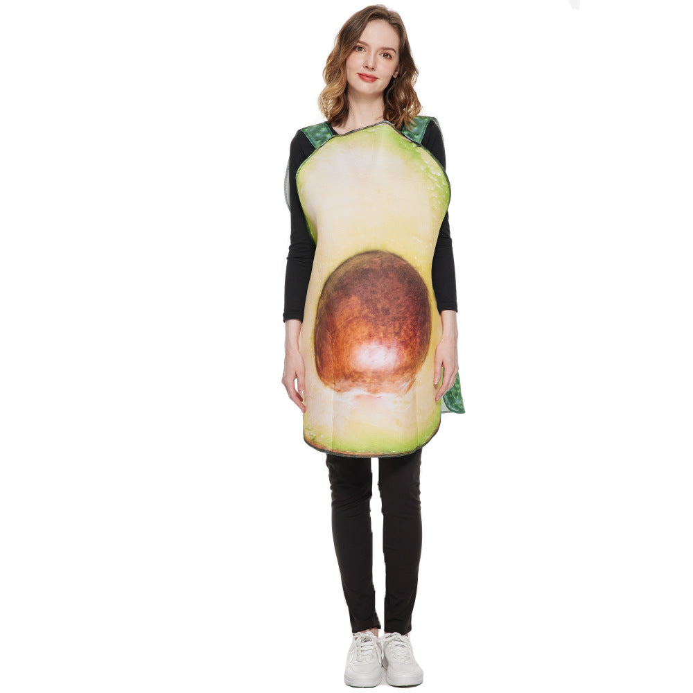 A person wearing a realistic avocado costume, with the pit in the center, stands smiling against a plain white background.