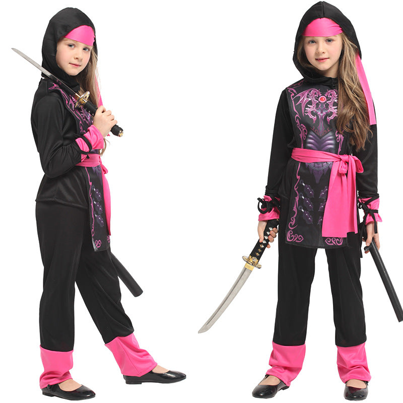 Girl in a black and pink ninja costume, with a hood and sash, holding a sword. The outfit features intricate designs and bright pink accents on the sleeves and pants.