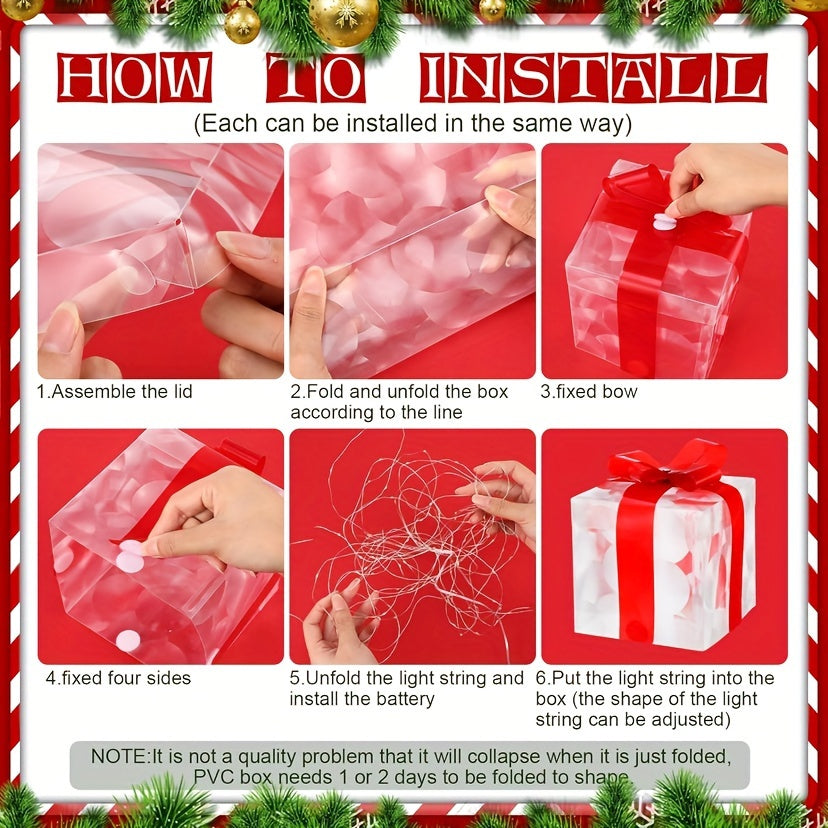 Instructions for assembling a decorative light-up gift box: fold the box, fix the bow, arrange the lights inside, and wait 1-2 days for the PVC box to fully shape.