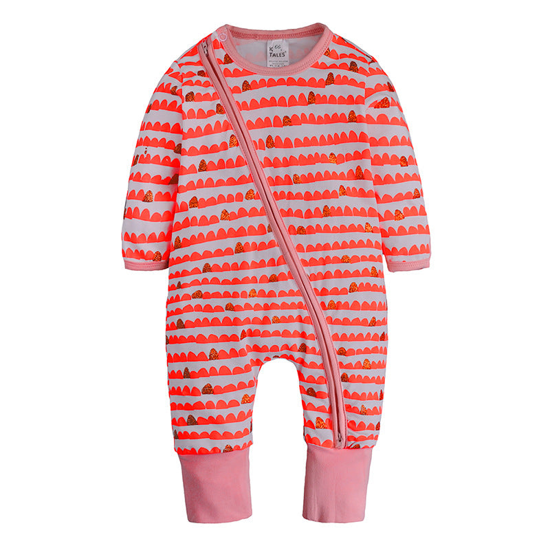 Pink and orange striped baby romper with long sleeves and a diagonal front snap closure. The cuffs and feet have solid pink accent fabric.