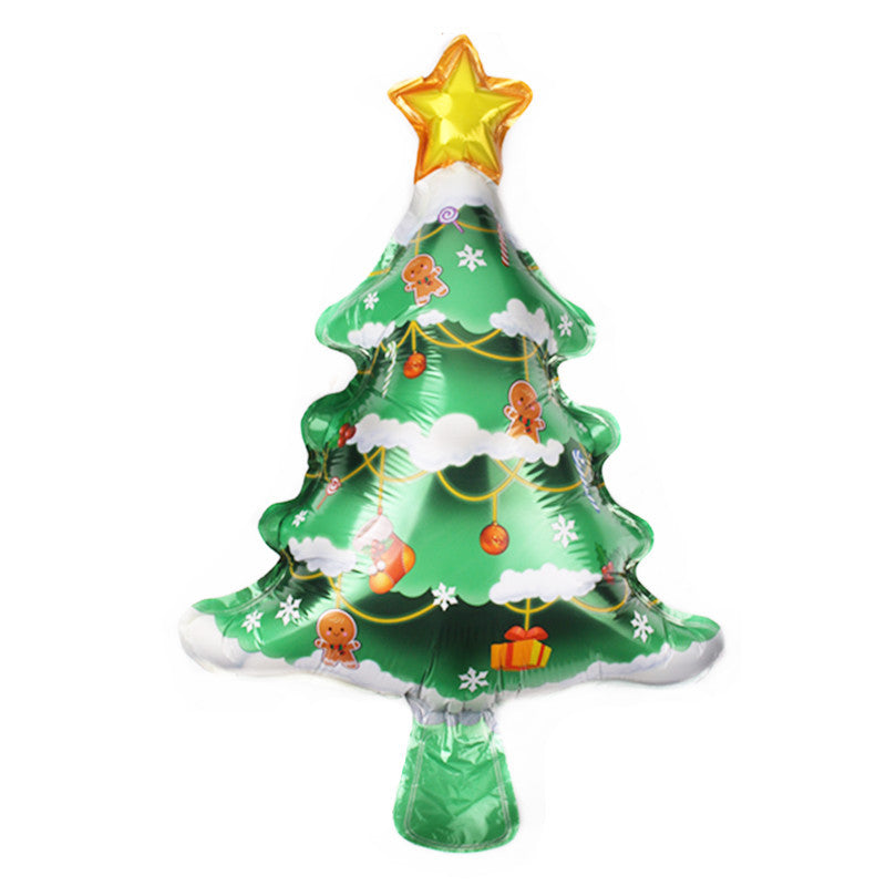 A festive Christmas tree balloon with a gold star on top, decorated with gingerbread men, snowflakes, ornaments, and gift images on a green background.