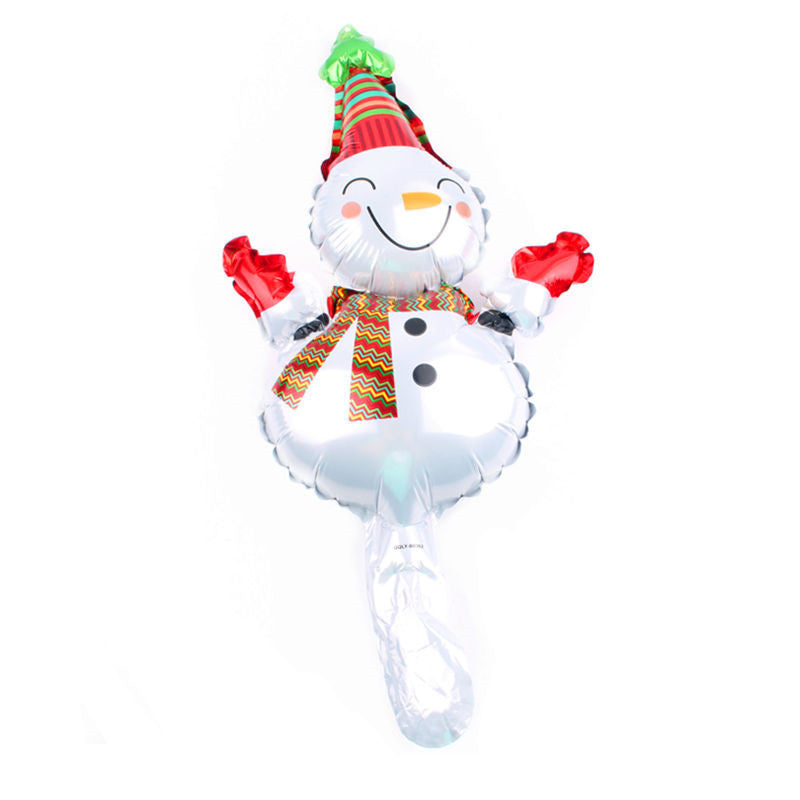 Festive snowman balloon wearing a colorful striped hat, red gloves, and a zigzag-patterned scarf, with a cheerful expression and round buttons.