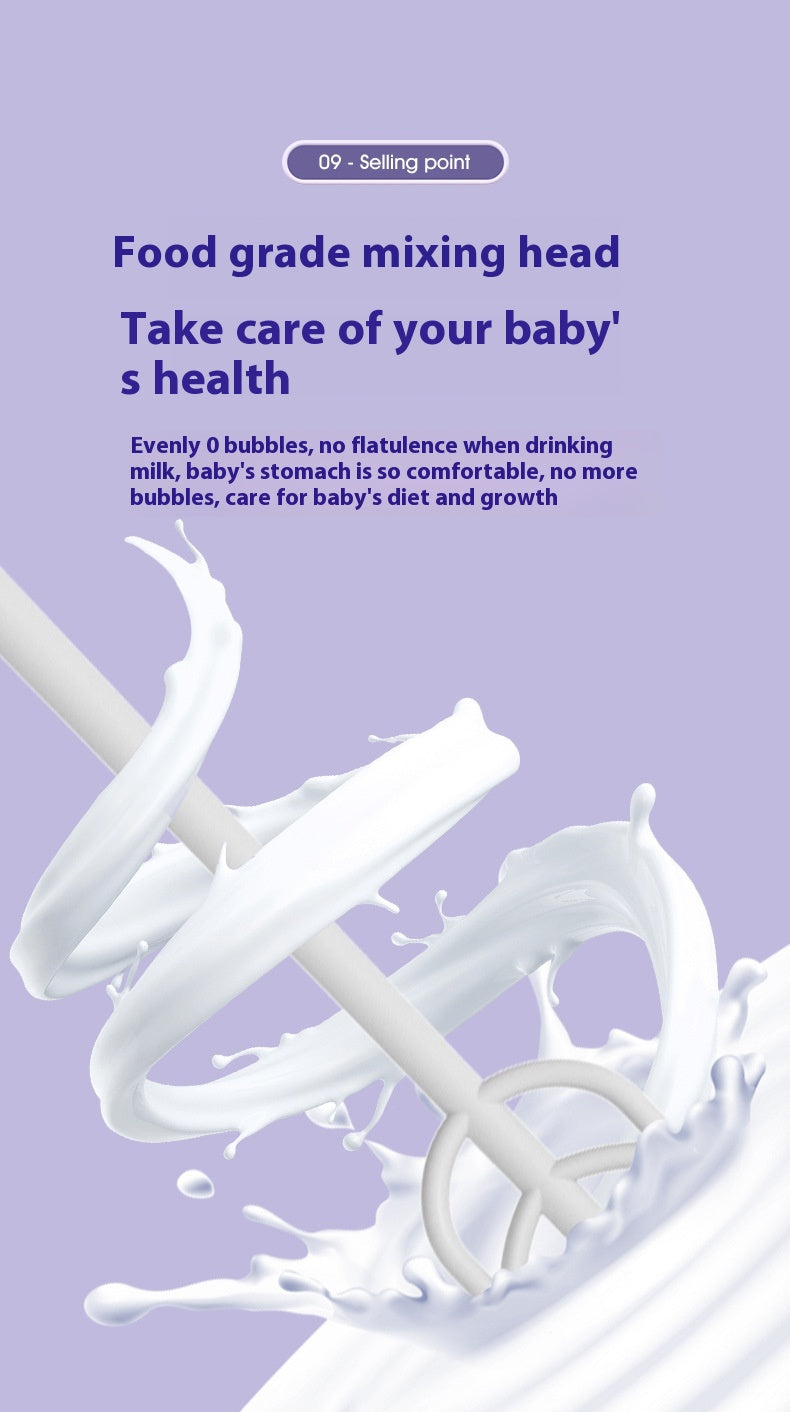 "Food grade mixing head with splashing milk, promoting baby health by reducing bubbles and preventing flatulence. Blue text on a purple background highlights benefits."
