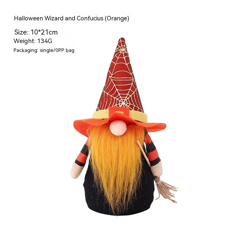 A Halloween-themed gnome with an orange and black outfit. It has a tall, pointed hat featuring a spiderweb pattern and a wide brim. The gnome has a long orange beard and holds a small broom. Text reads "Halloween Wizard and Confucius (Orange)," with size 10*21cm, weight 134g, and packaging details.
