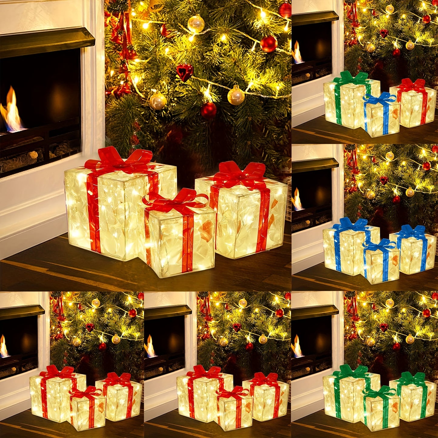 Christmas scene with glowing gift boxes tied with red, blue, and green ribbons by a lit fireplace. A decorated tree with red and gold ornaments and lights stands nearby.