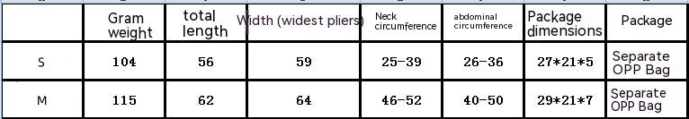 Size chart for S and M: Gram weight (S: 104, M: 115), Length (S: 56, M: 62), Width (S: 59, M: 64). Neck (S: 25-39, M: 46-52), Abdominal (S: 26-36, M: 40-50). Package dimensions differ.