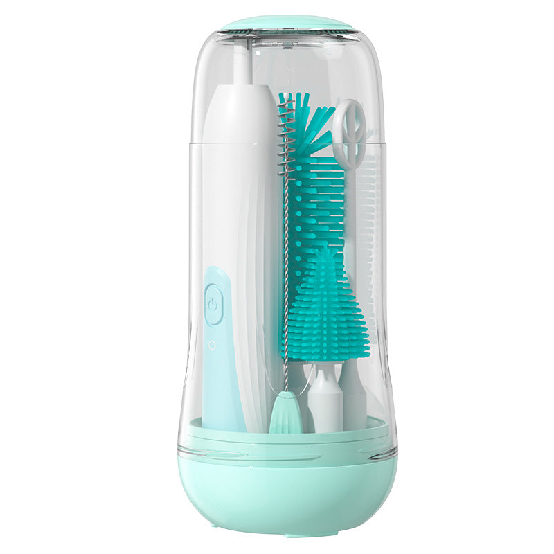 A turquoise and white electric cleaning brush set in a transparent case, containing various brush attachments designed for detailed cleaning tasks.