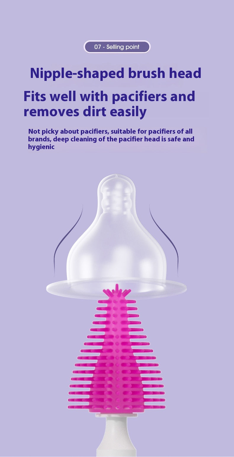 Purple background with text promoting a nipple-shaped brush head that fits pacifiers for easy cleaning. Features a pink, textured brush shown under a clear pacifier head.