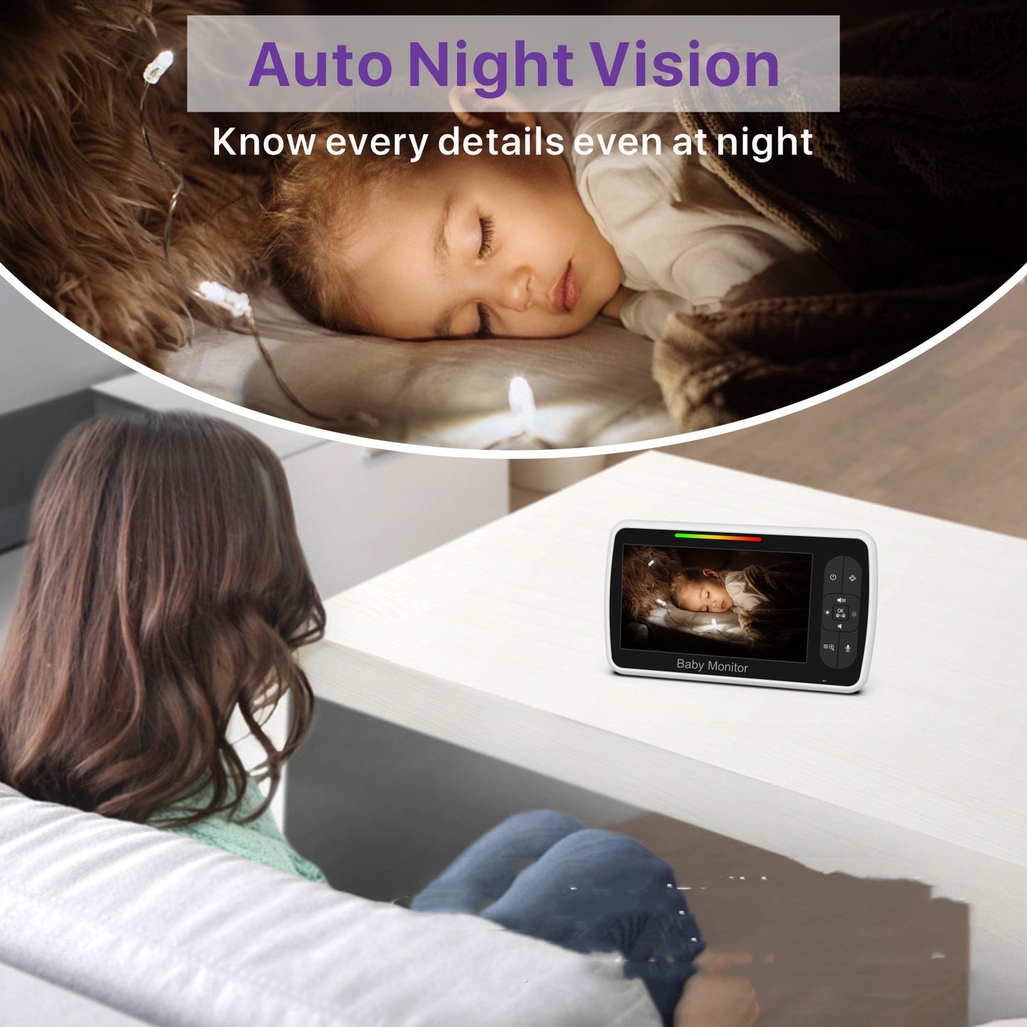 A woman watches a baby monitor displaying a sleeping child. The screen shows night vision capability. Text reads: "Auto Night Vision: Know every detail even at night."