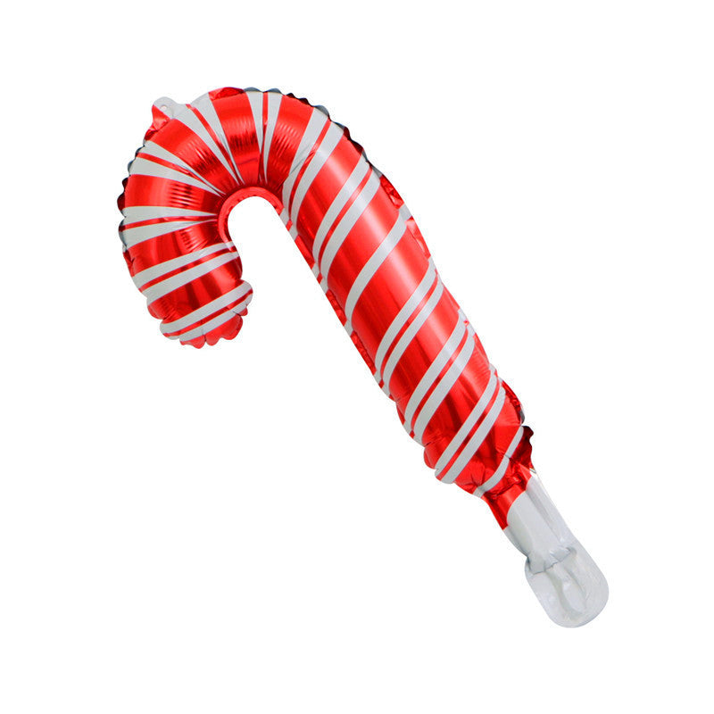 Red and white striped candy cane-shaped balloon with a shiny surface, resembling a festive peppermint stick.