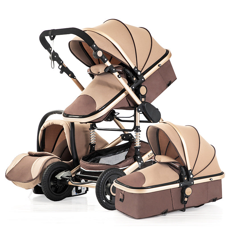 A beige and brown convertible baby stroller set, featuring a detachable seat, bassinet, and car seat, with black handles and wheels on a white background.