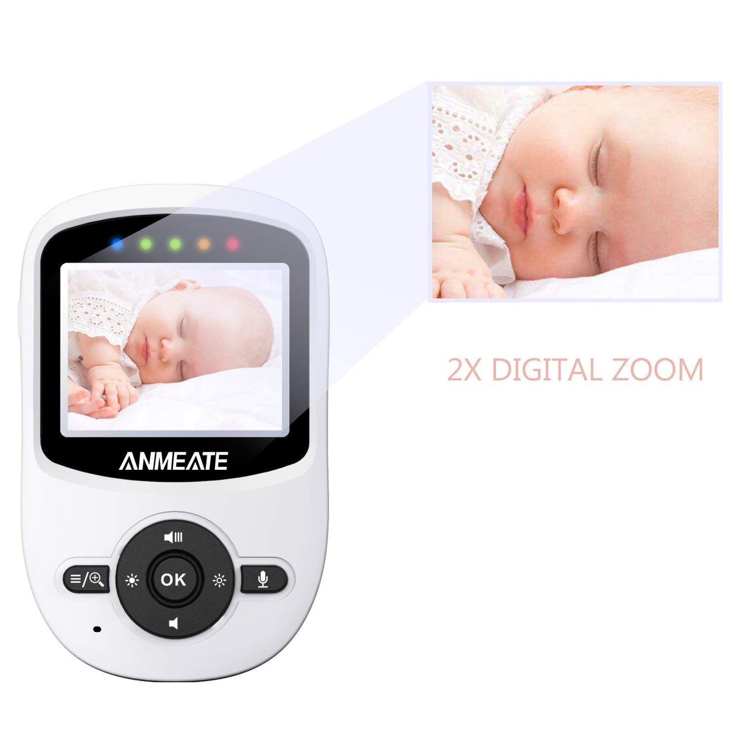 Baby monitor displaying a sleeping baby with 2X digital zoom. The screen shows the baby resting on a pillow, enclosed in a white device with control buttons.