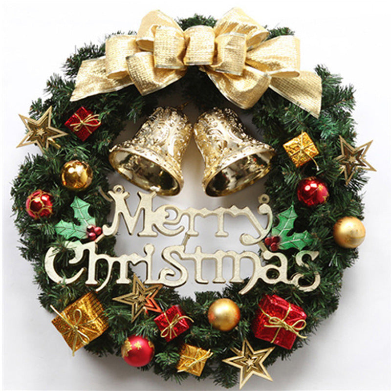 Festive Christmas wreath with golden bells, star ornaments, red and gold baubles, small wrapped gifts, and a large gold bow, featuring the words "Merry Christmas" in the center.