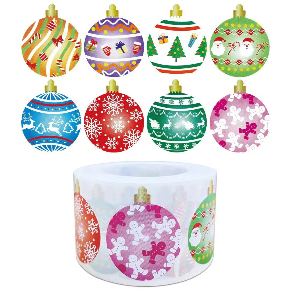 Roll of Christmas stickers featuring ornaments with festive designs: candy canes, gifts, trees, snowflakes, Santa, reindeer, and gingerbread men in various colors.