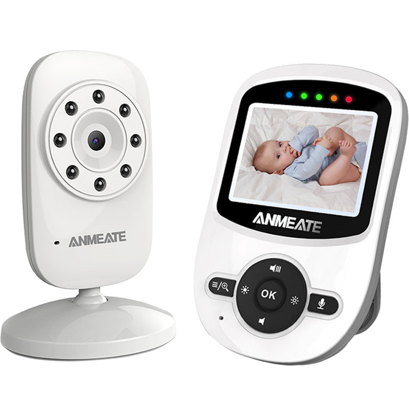 Baby monitor with separate camera and display unit. The display screen shows a baby lying down. Control buttons are present below the screen. Brand name "ANMEATE" is visible.