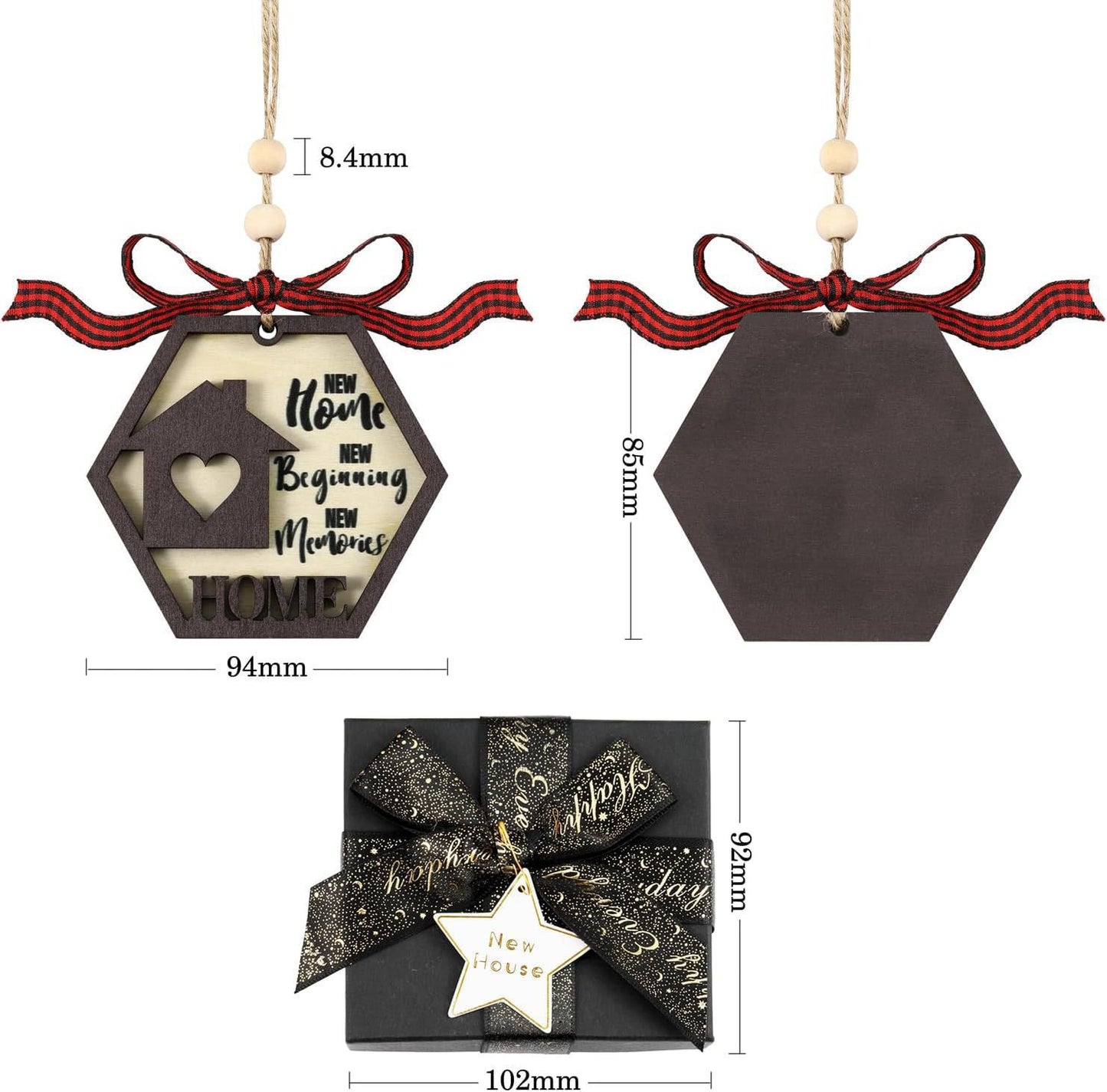 Hexagonal wooden ornament with heart and text: "New Home, New Beginning, New Memories," measuring 94mm. Comes with a red ribbon, beads, and a black gift box tied with a gold star tag.