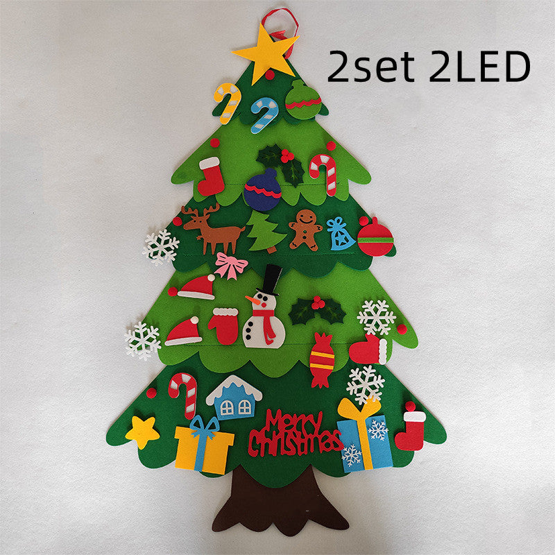 Felt Christmas tree with colorful decorations including candy canes, presents, a snowman, reindeer, gingerbread man, and a star on top. Text reads "2set 2LED."