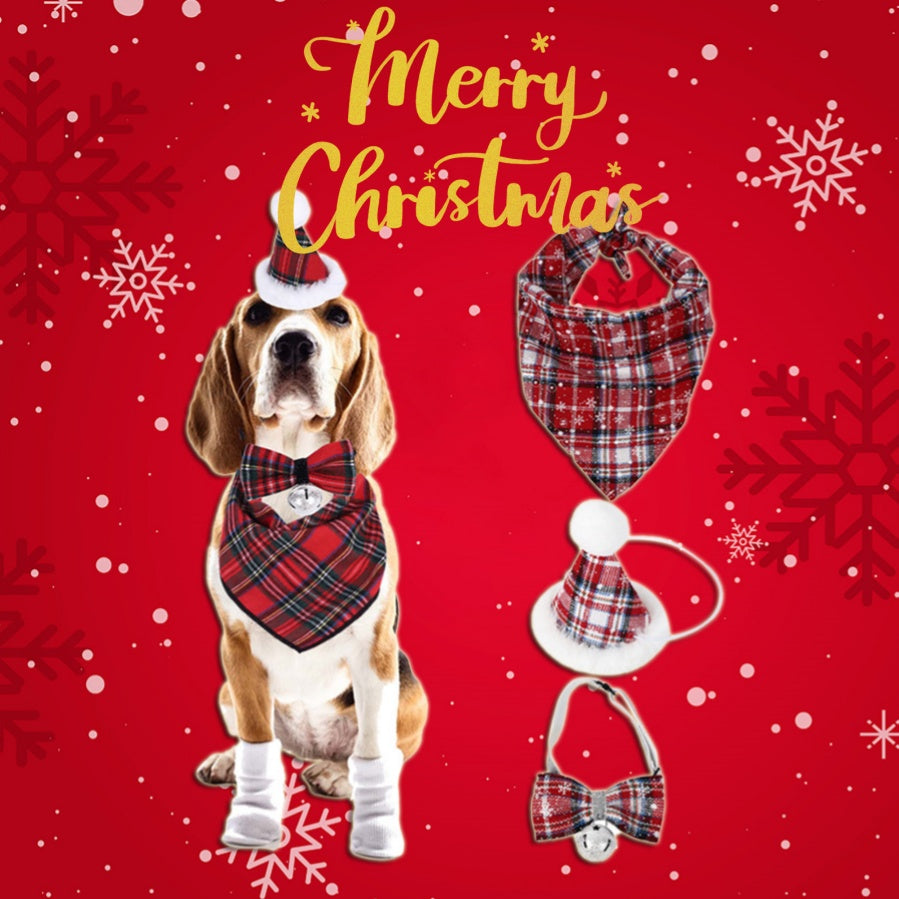 Beagle wearing a red plaid scarf, bow tie, and Santa hat on a festive red background with snowflakes. Additional accessories are displayed. Text reads "Merry Christmas."