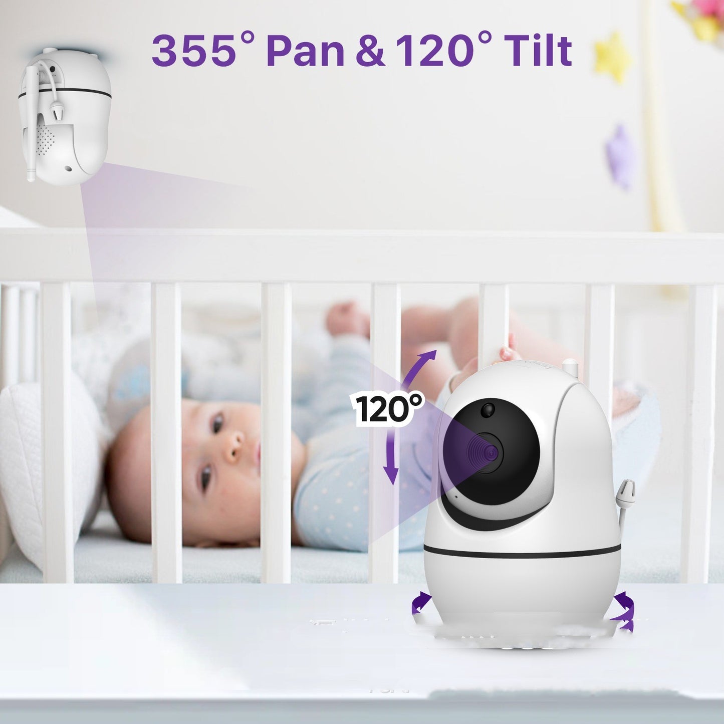A baby monitor camera with 355° pan and 120° tilt is shown monitoring a baby in a crib. The baby is lying down, and the camera angles are highlighted for visibility.