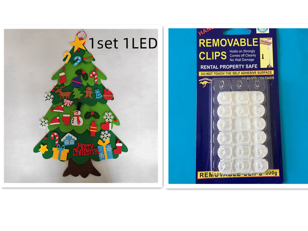 Left: Felt Christmas tree ornament with colorful decorations, labeled "1 set 1 LED." Right: Package of removable adhesive clips, marketed as rental property safe.