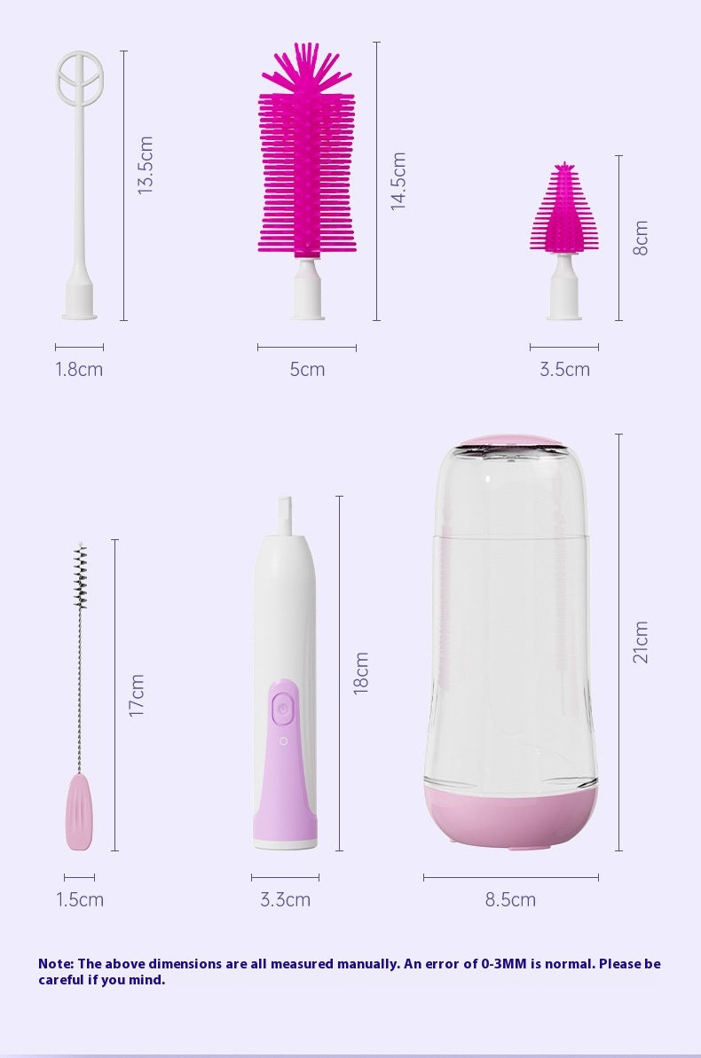 Image showing dimensions of several pink and white cleaning accessories, including brushes and a bottle. Measurements range from 1.5cm to 21cm in height.