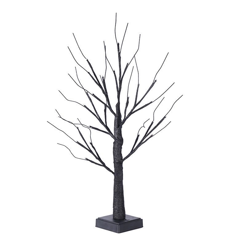 A black, leafless decorative tree with bare branches, mounted on a square base, set against a plain white background.