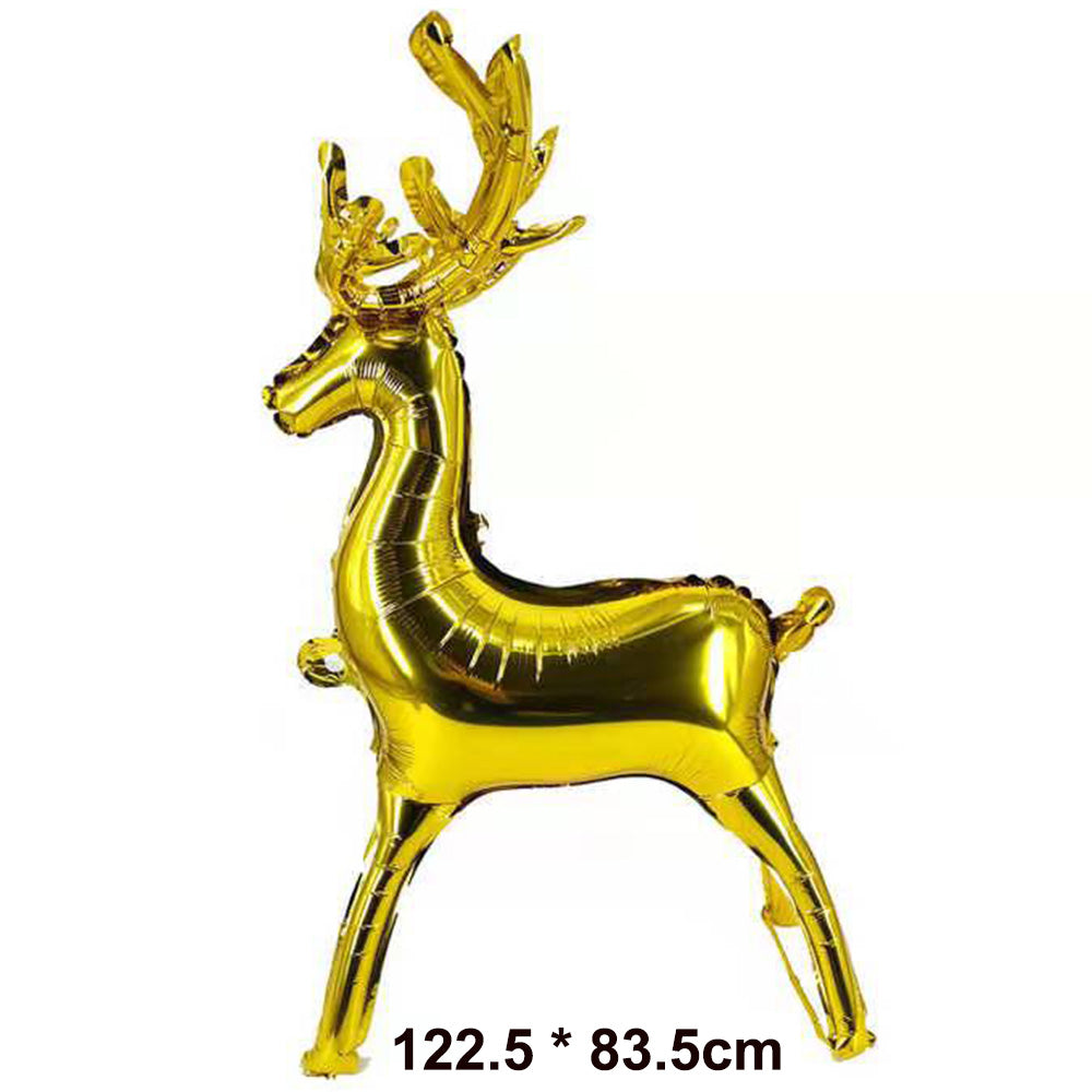 A shiny gold foil balloon shaped like a reindeer with antlers and dimensions 122.5 x 83.5 cm printed at the bottom.