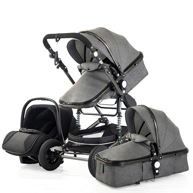 A three-in-one baby stroller set in grey, featuring a rear-facing car seat, a bassinet, and a stroller with adjustable handlebars and wheels on a white background.