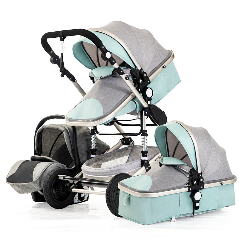 Gray and teal multi-functional baby stroller with detachable components, including a carrycot and car seat, on a white background.