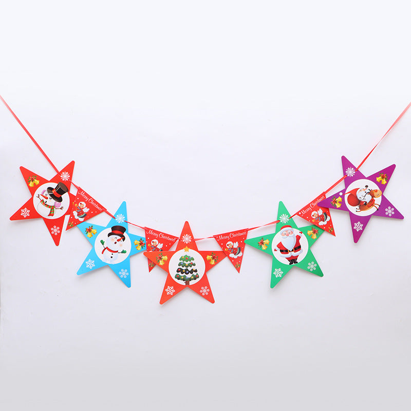 Festive string of colorful star-shaped decorations featuring snowmen, Santa, and Christmas trees, with small triangular flags that say "Merry Christmas" and snowflakes.