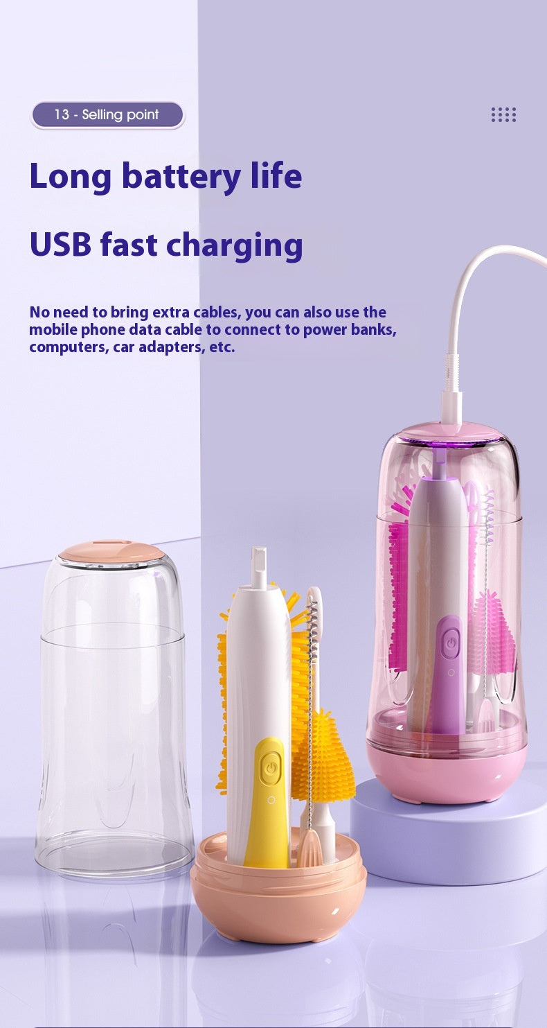 USB rechargeable cleaning brush set, featuring long battery life and fast charging. Comes with various brush heads in a transparent case. Suitable for power banks and car adapters.