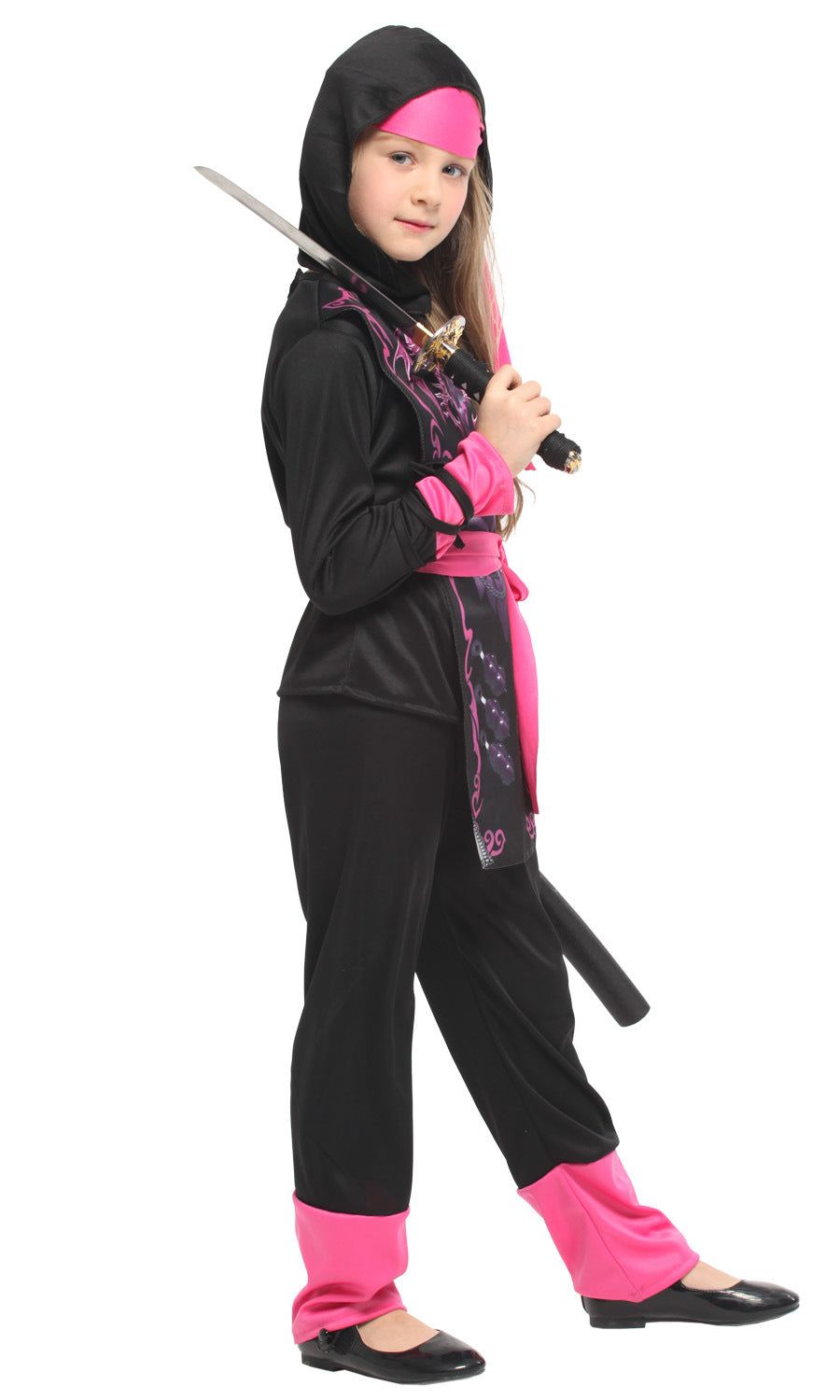 A girl in a black ninja costume with pink accents holds a sword. She wears a hood and headband, standing confidently in black shoes against a white background.