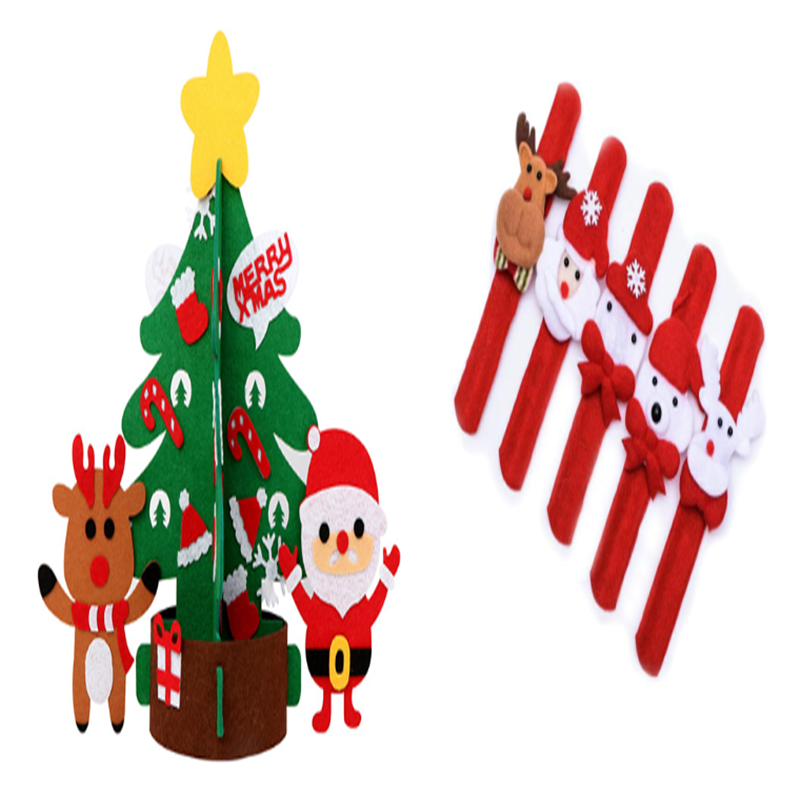 Felt Christmas decorations including a tree with "Merry Xmas," a reindeer, Santa, and festive red wristbands featuring reindeer, Santa, snowflakes, and snowmen.