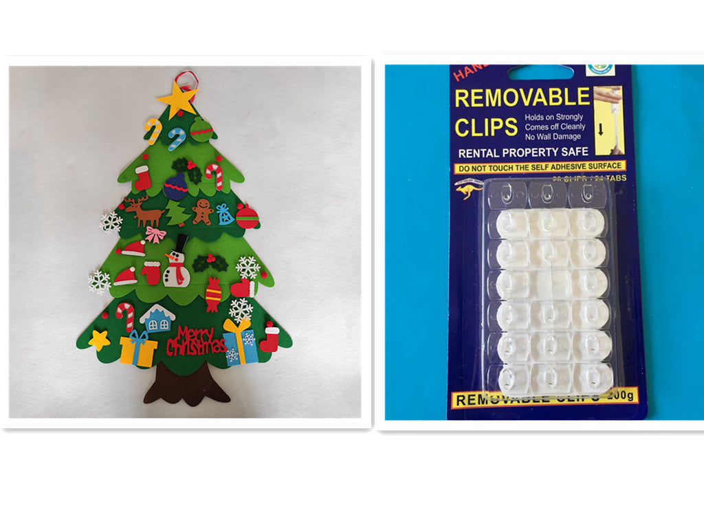Festive felt Christmas tree with colorful decorations on the left, next to a pack of removable clips in blue packaging on the right.