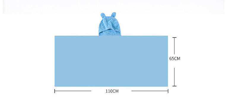 Blue rectangular towel with a hood featuring small protruding ears. Dimensions are 110 cm wide and 65 cm tall.