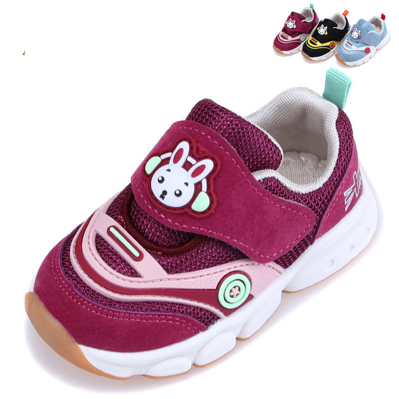Children's shoe with a cute bunny design on a pink velcro strap. The shoe is mainly maroon with white and pink accents, and there are smaller images of different color variations.