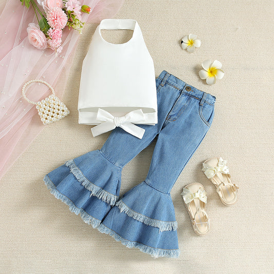 Girls' White Denim Flared Pants Set