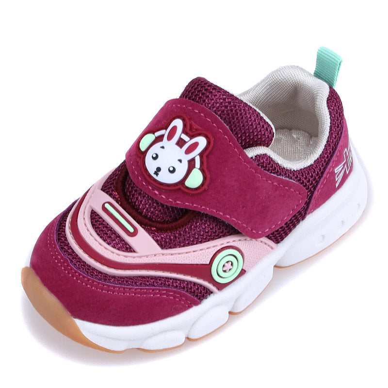 Burgundy and pink children's sneaker with a cute rabbit face on the velcro strap, featuring mint green accents, white sole, and a light turquoise pull tab at the heel.