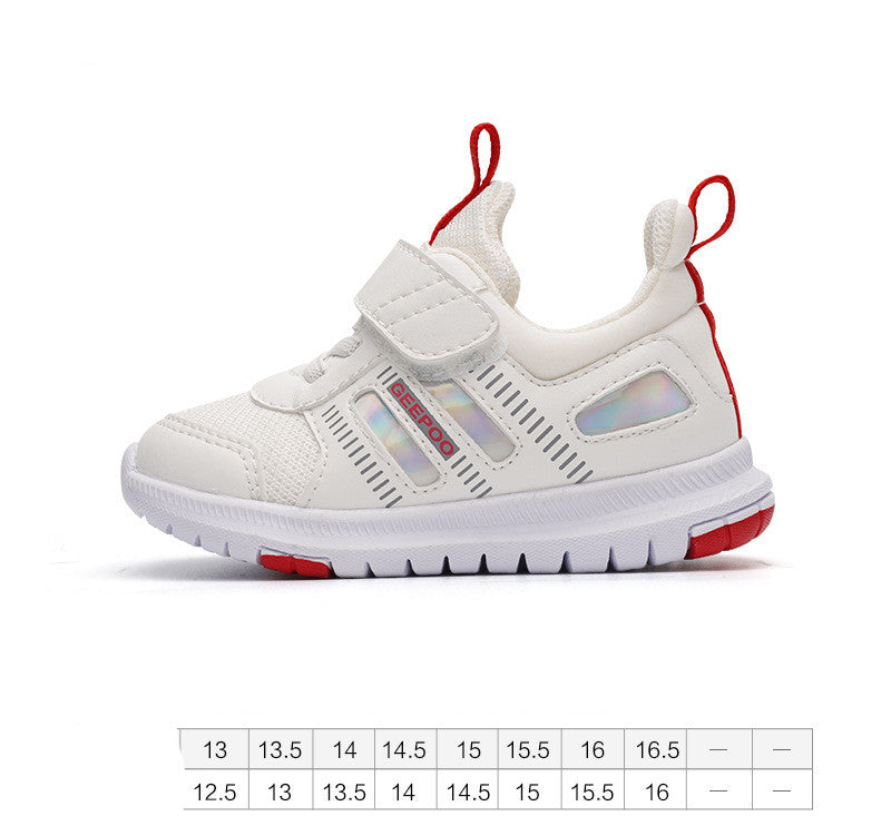 White children's sneaker with velcro strap, red accents, and reflective details. Features sizing chart below, ranging from 13 to 16.5.