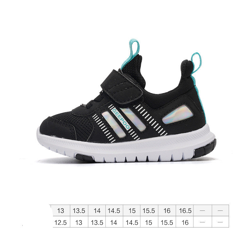 Black children's sneaker with a velcro strap and turquoise accents, featuring a white sole. There is a size chart displayed beneath the shoe, ranging from size 12.5 to 16.5.