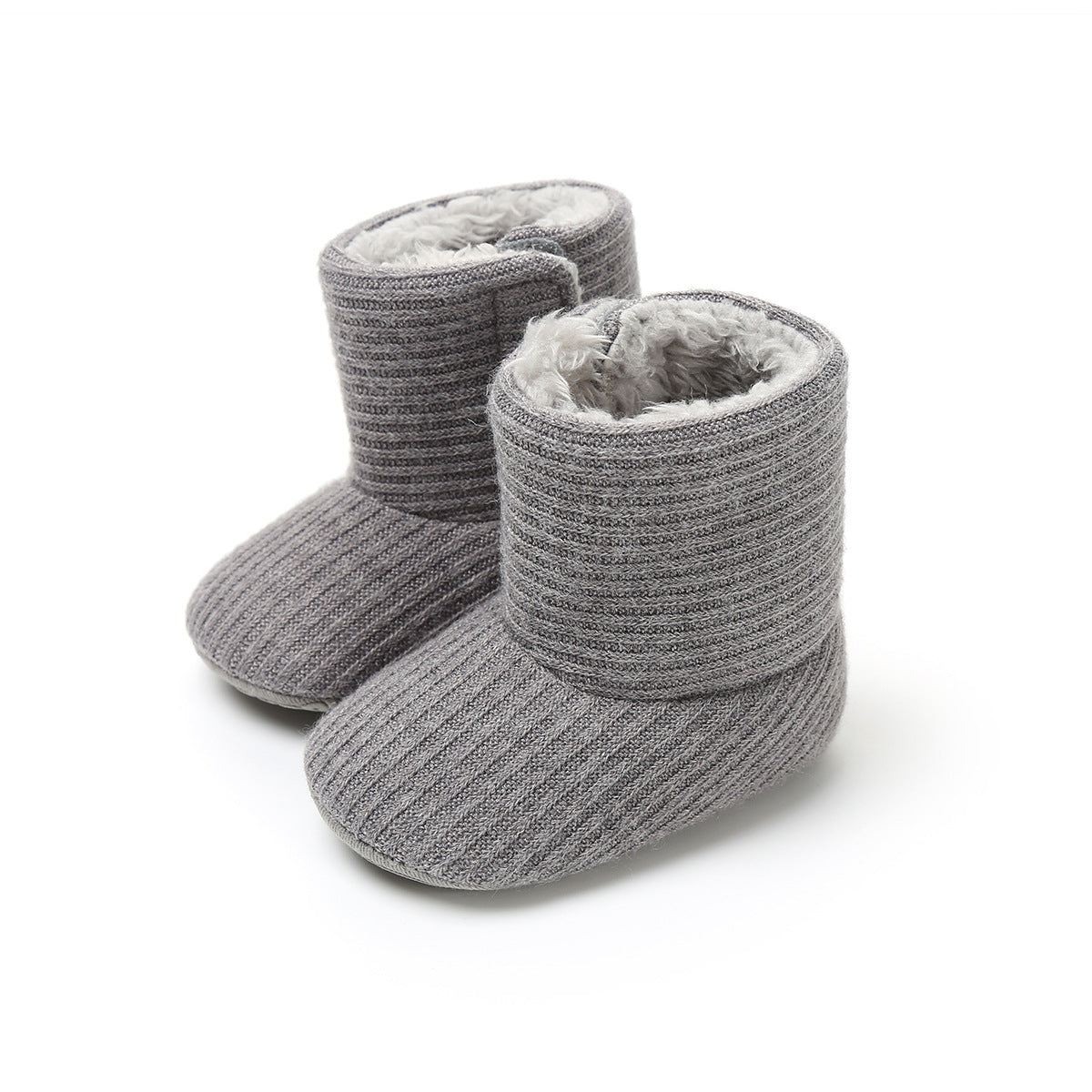 Gray ribbed baby boots with soft, plush lining, standing side by side. The boots have a cozy texture, suitable for keeping infants' feet warm and comfortable.