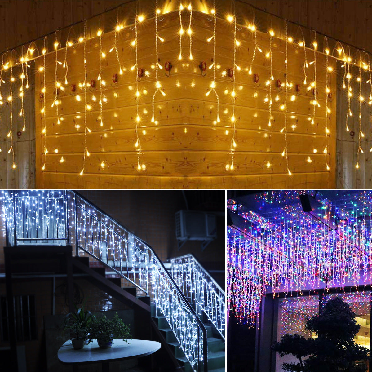 Three scenes of decorative lights: warm yellow lights on a wooden wall, cool white lights along a stair railing, and colorful lights hanging from a ceiling outdoors.