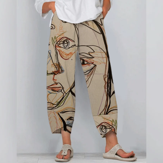 High Waist Grey Print Women's Trousers