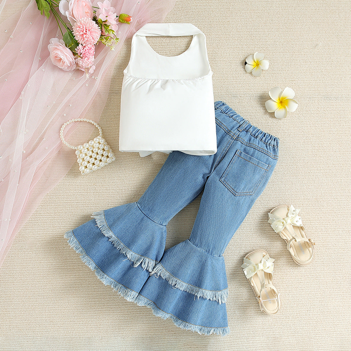 Girls' White Denim Flared Pants Set