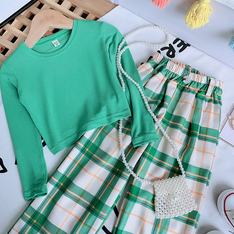 Girls Plaid Wide Leg Pants Set