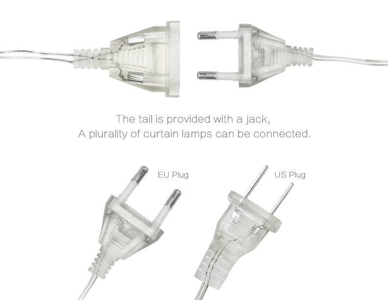Transparent EU and US electrical plugs are displayed with vertical text describing connection features for curtain lamps.