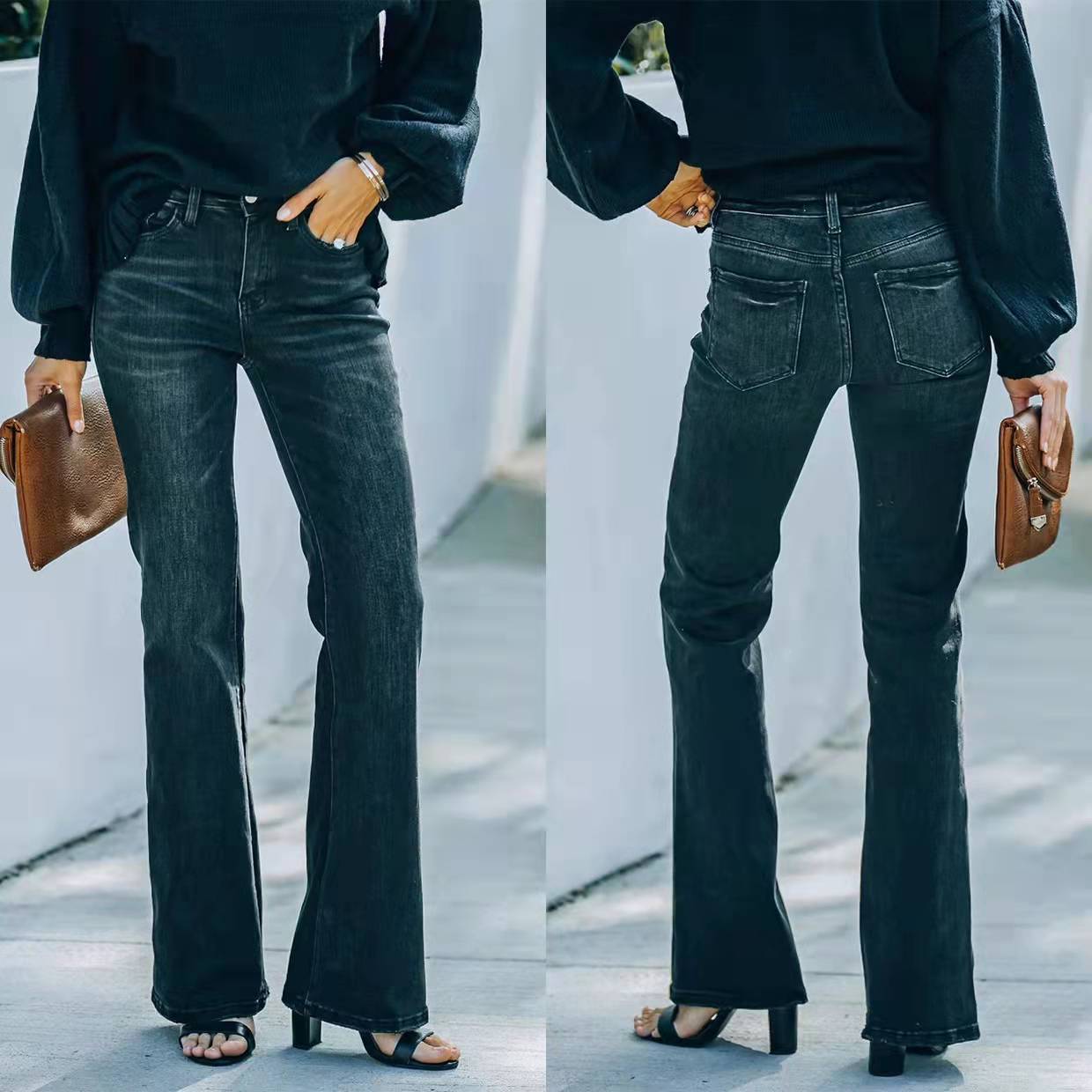 Fashion High Waist Stretch Flared Jeans - Black