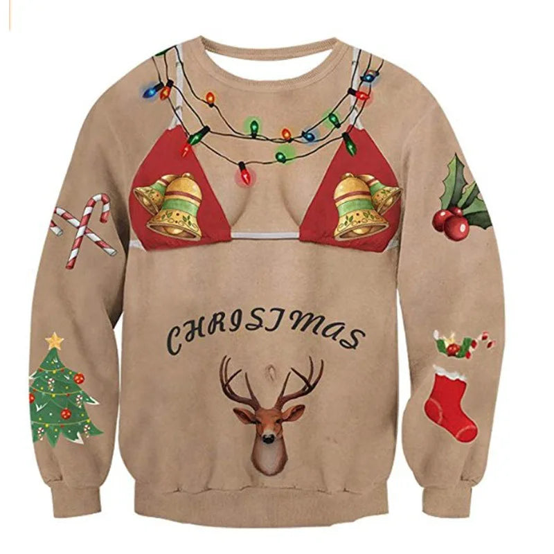 Tan Christmas sweater with a bikini print featuring bells, colorful lights, deer, candy canes, a Christmas tree, stocking, and holly. "Christmas" is written across the front.