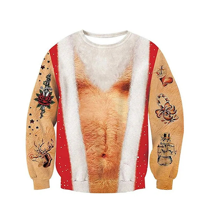 Novelty sweater depicting a shirtless torso with tattoos and a Santa jacket design. Sleeves feature various festive tattoos, including a rose, reindeer, snowman, and candy cane.